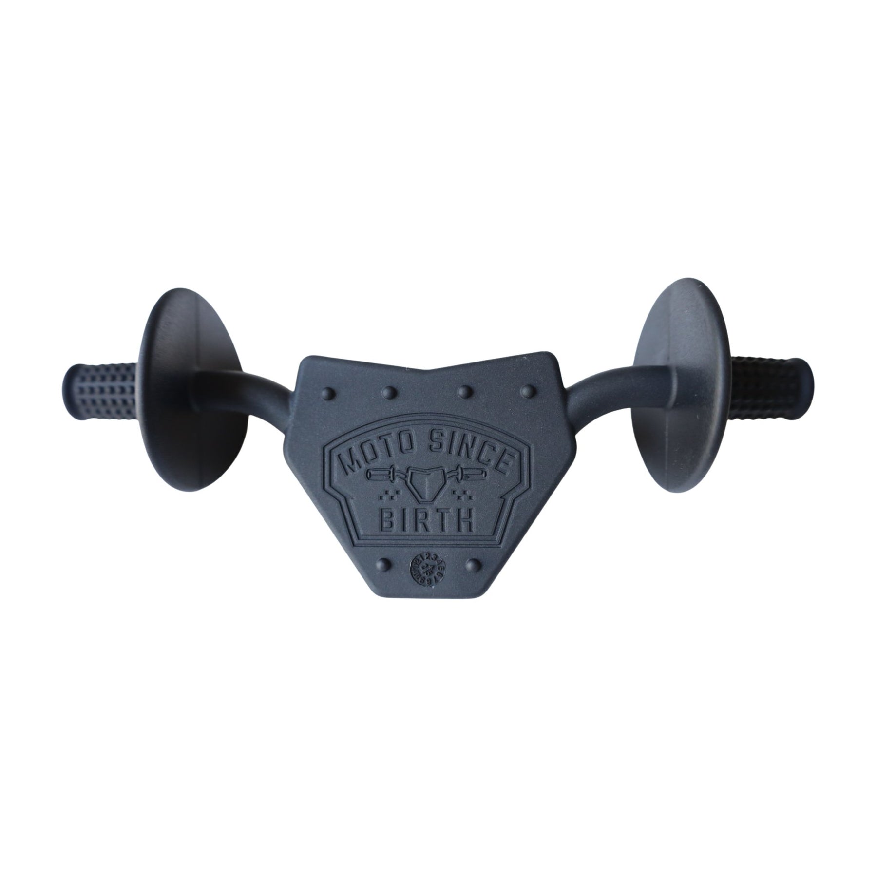 Moto Since Birth motocross baby teether in black, silicone handlebar shape with textured grips