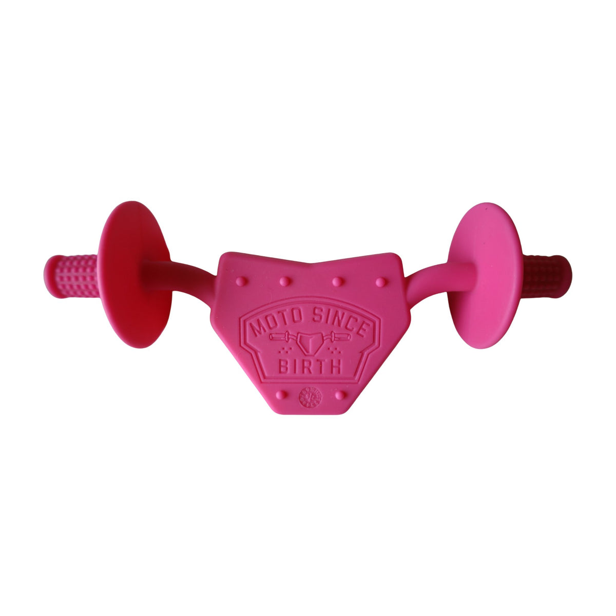 Moto Since Birth motocross baby teether in pink on a white background