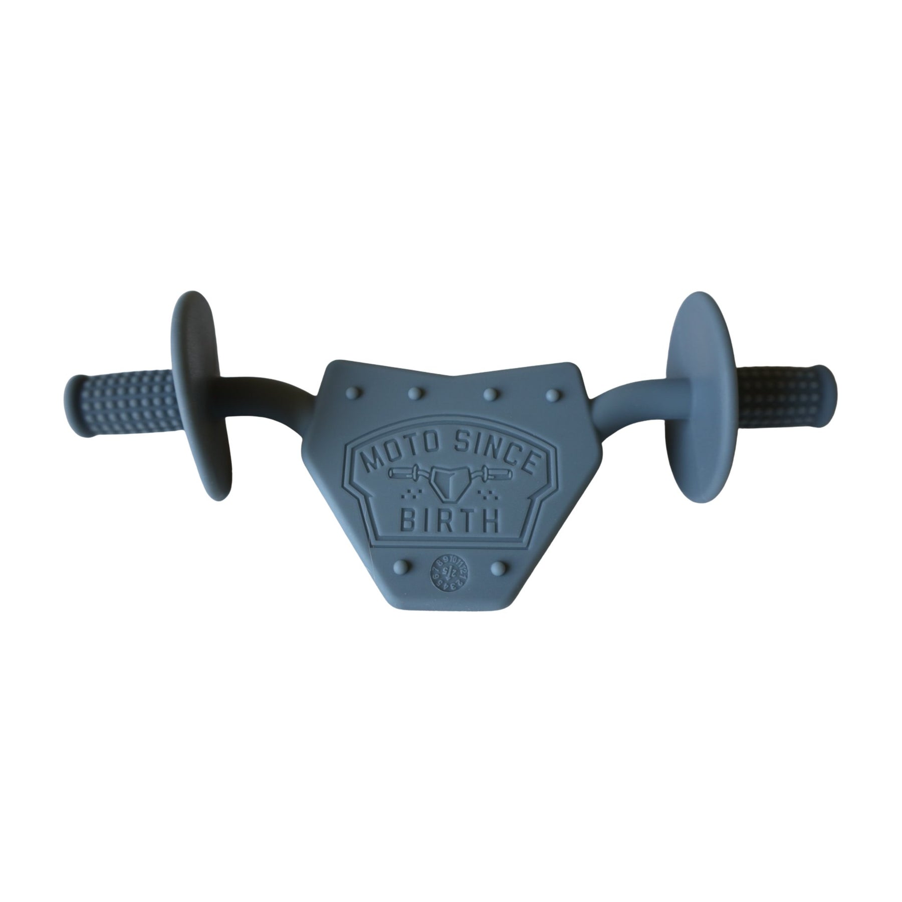 Moto Since Birth motocross baby teether in gray on a white background