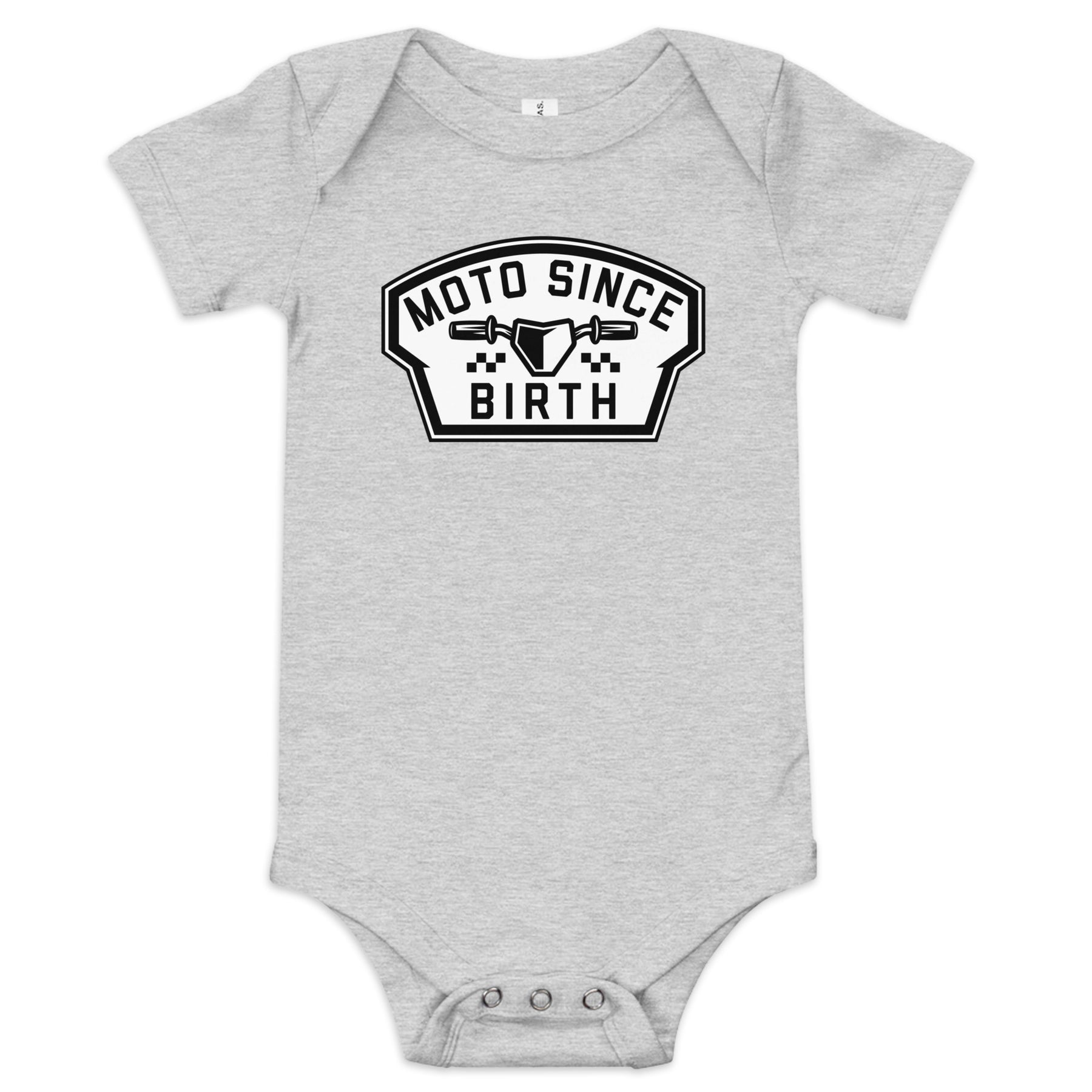 Moto Since Birth infant one-piece bodysuit with motocross badge in athletic heather, front