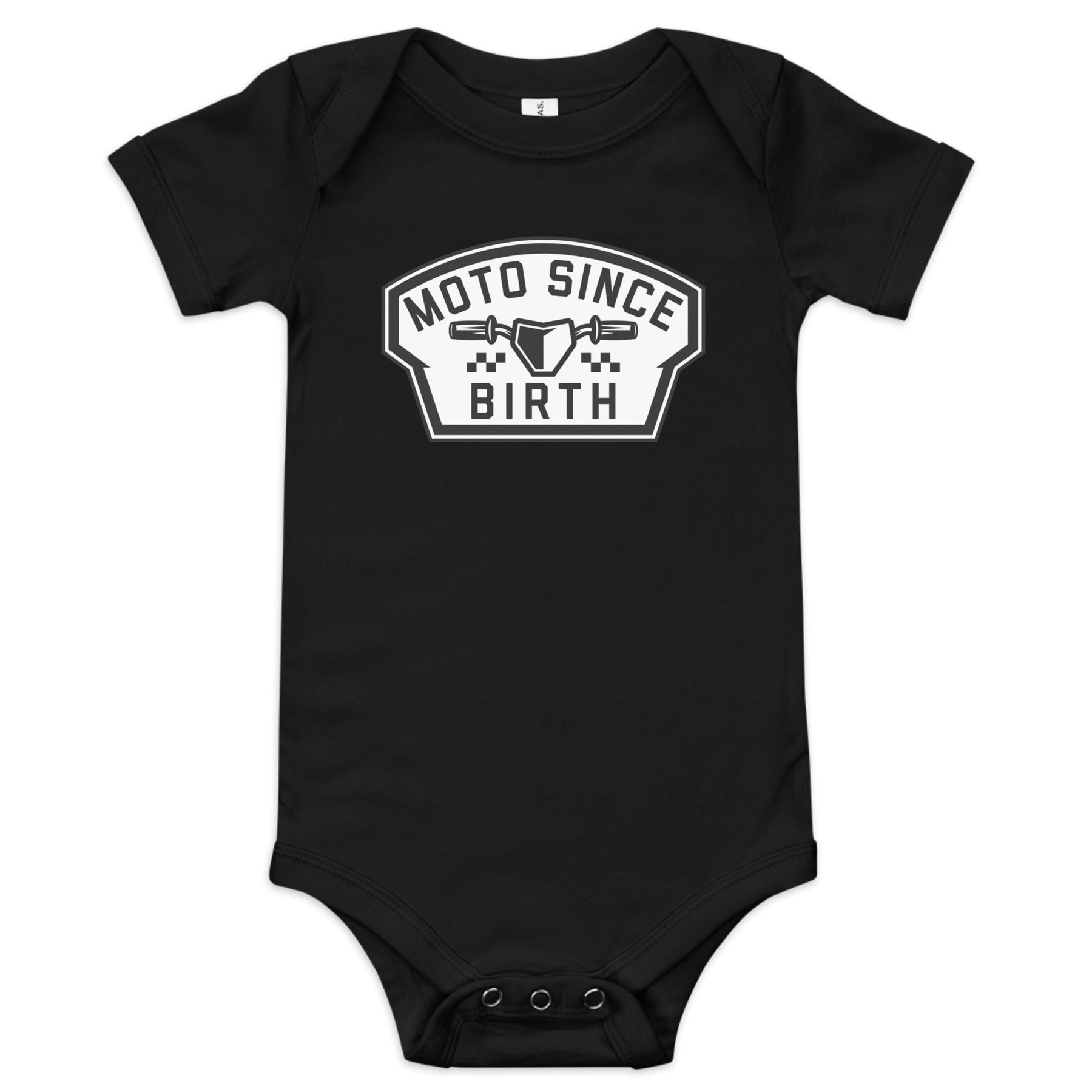 Moto Since Birth infant one-piece bodysuit with motocross badge in black, front