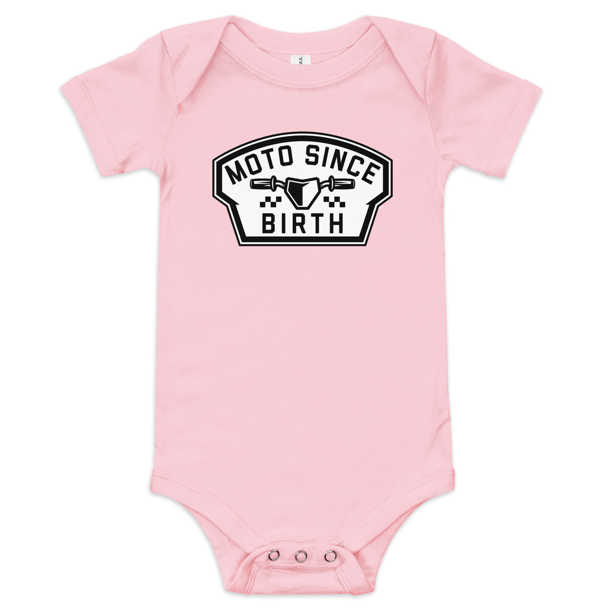 Moto Since Birth infant one-piece bodysuit with motocross badge in pink, front