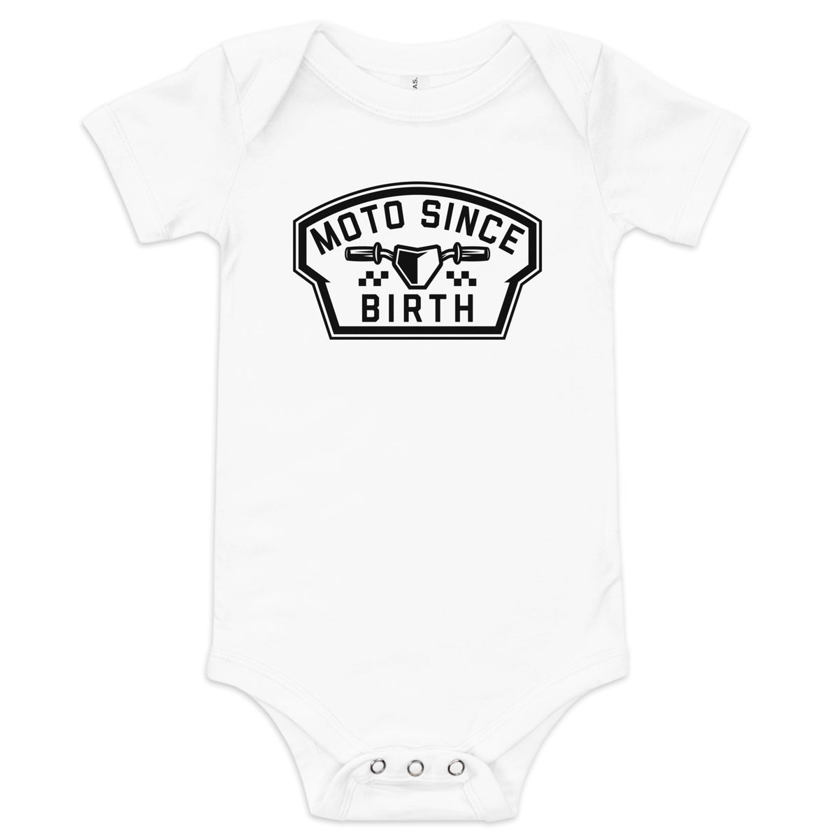 Moto Since Birth infant one-piece bodysuit with motocross badge in white, front