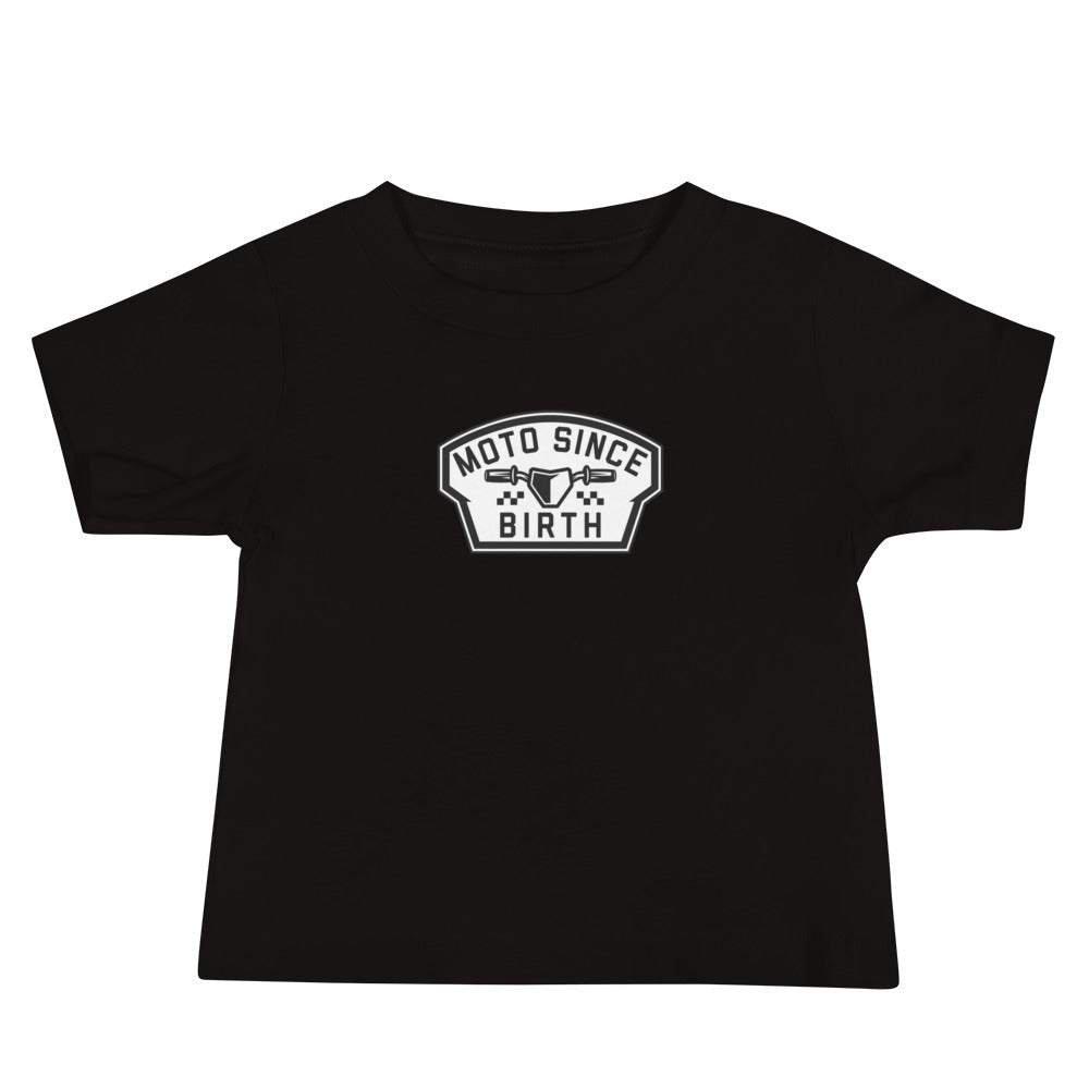 Moto Since Birth baby motocross graphic tee in black, front