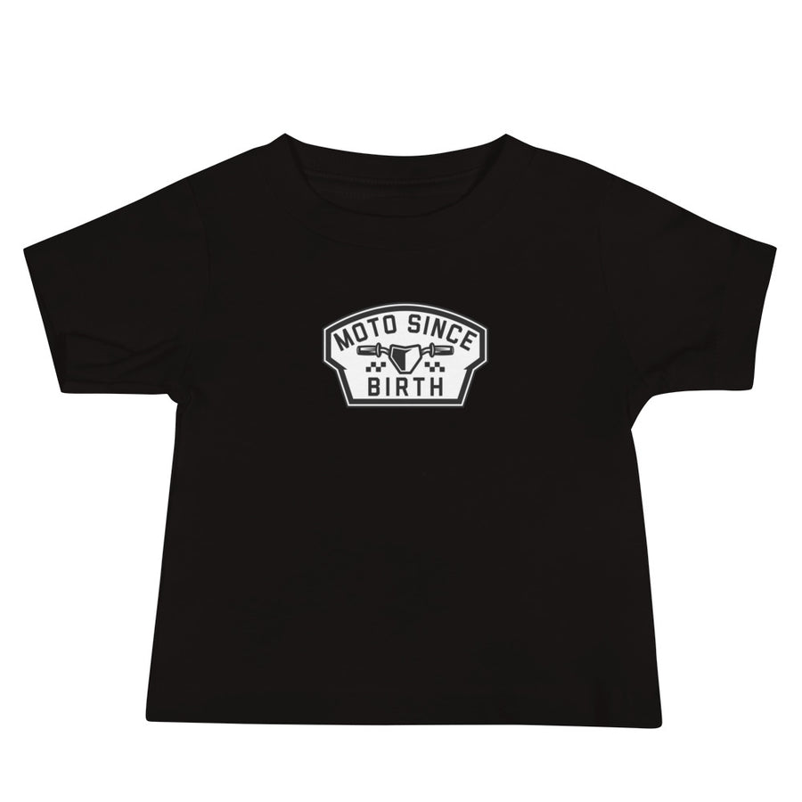 Moto Since Birth baby motocross graphic tee in black, front