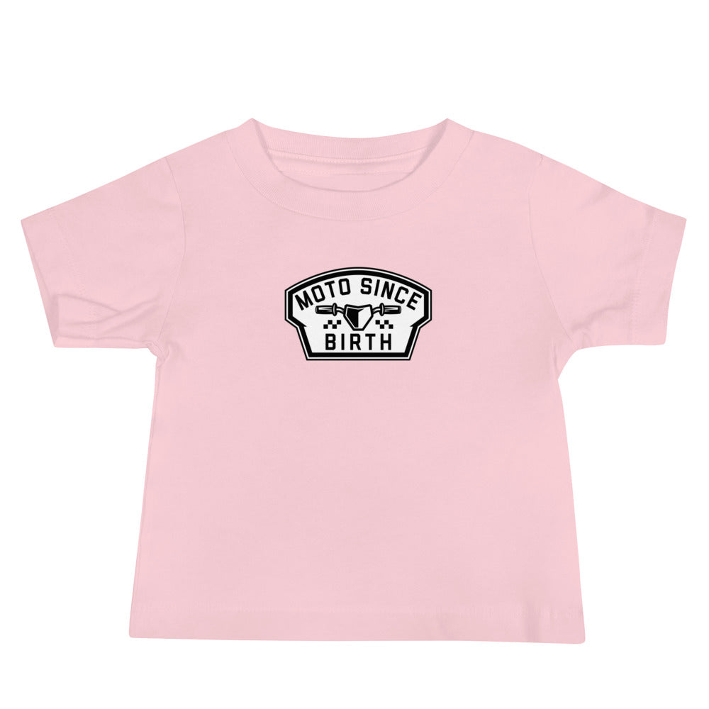 Moto Since Birth baby motocross graphic tee in pink, front