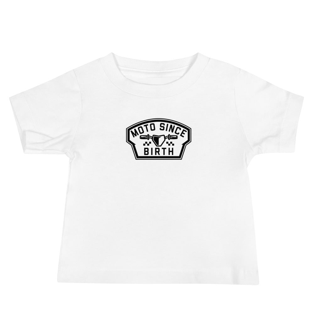 Moto Since Birth baby motocross graphic tee in white, front