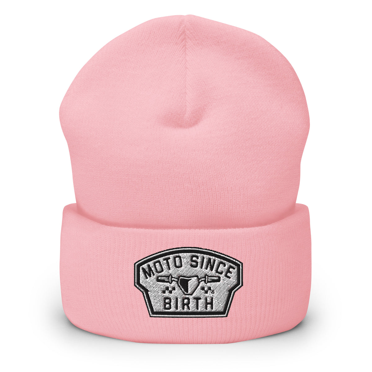 Moto Since Birth cuffed beanie with embroidered moto badge in baby pink, front
