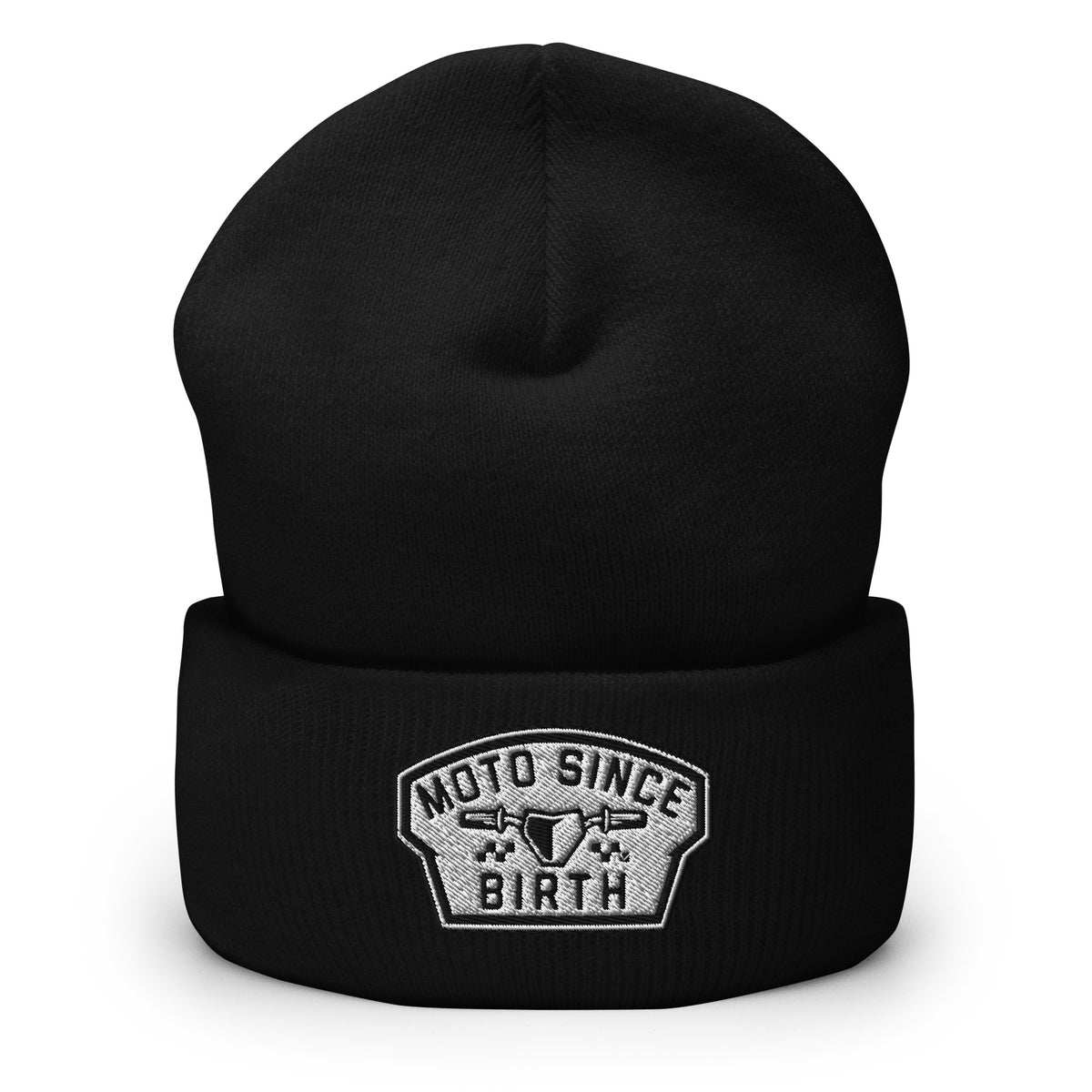 Moto Since Birth cuffed beanie with embroidered moto badge in black, front