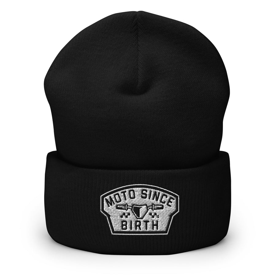 Moto Since Birth cuffed beanie with embroidered moto badge in black, front