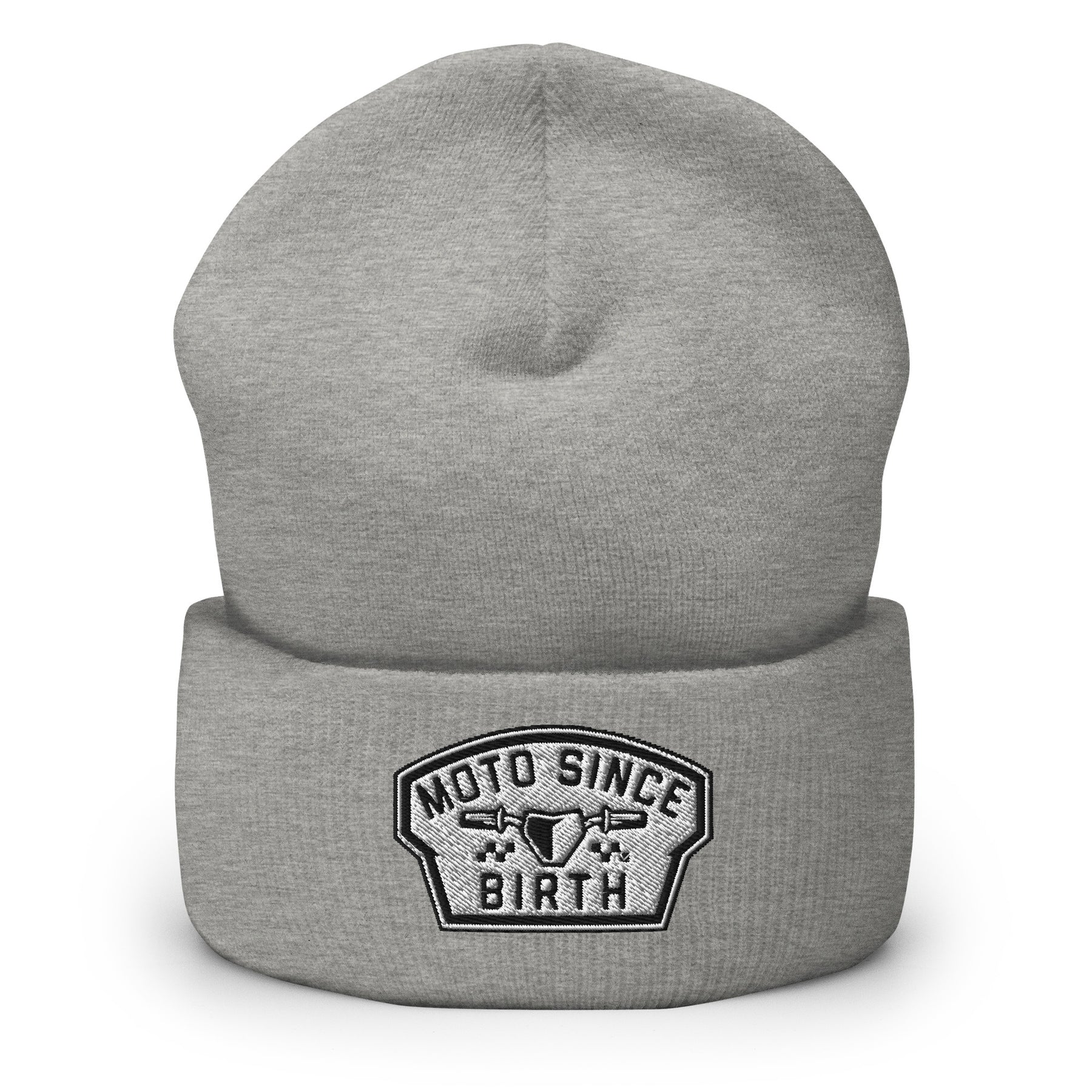 Moto Since Birth cuffed beanie with embroidered moto badge in heather gray, front