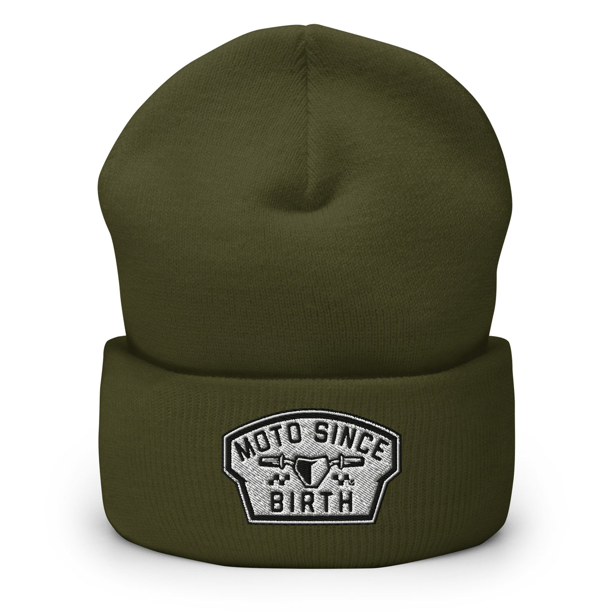 Moto Since Birth cuffed beanie with embroidered moto badge in olive, front