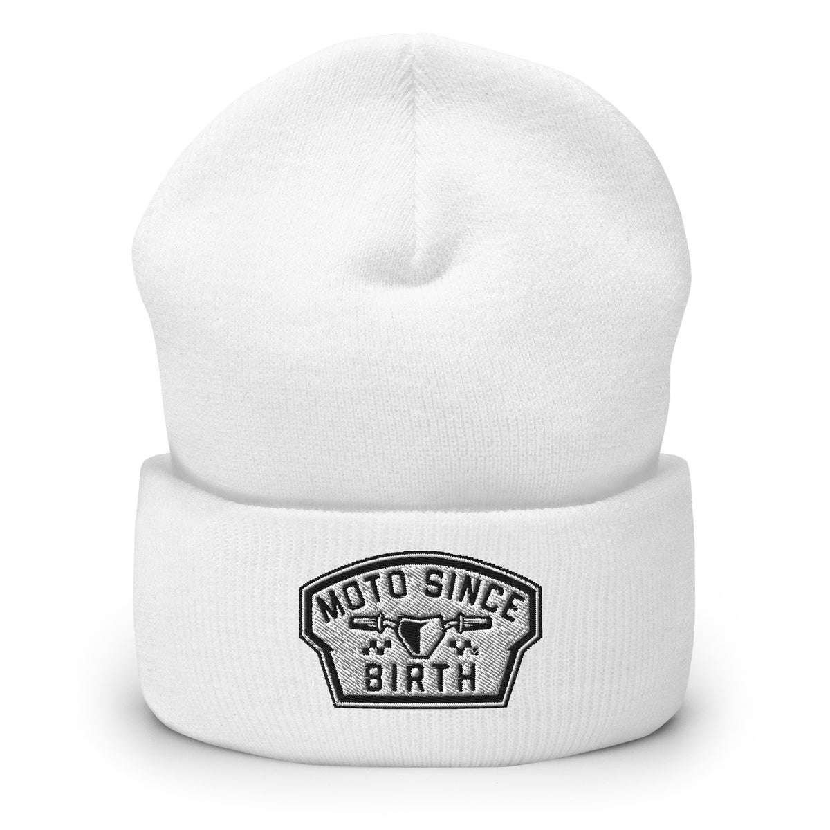 Moto Since Birth cuffed beanie with embroidered moto badge in white, front