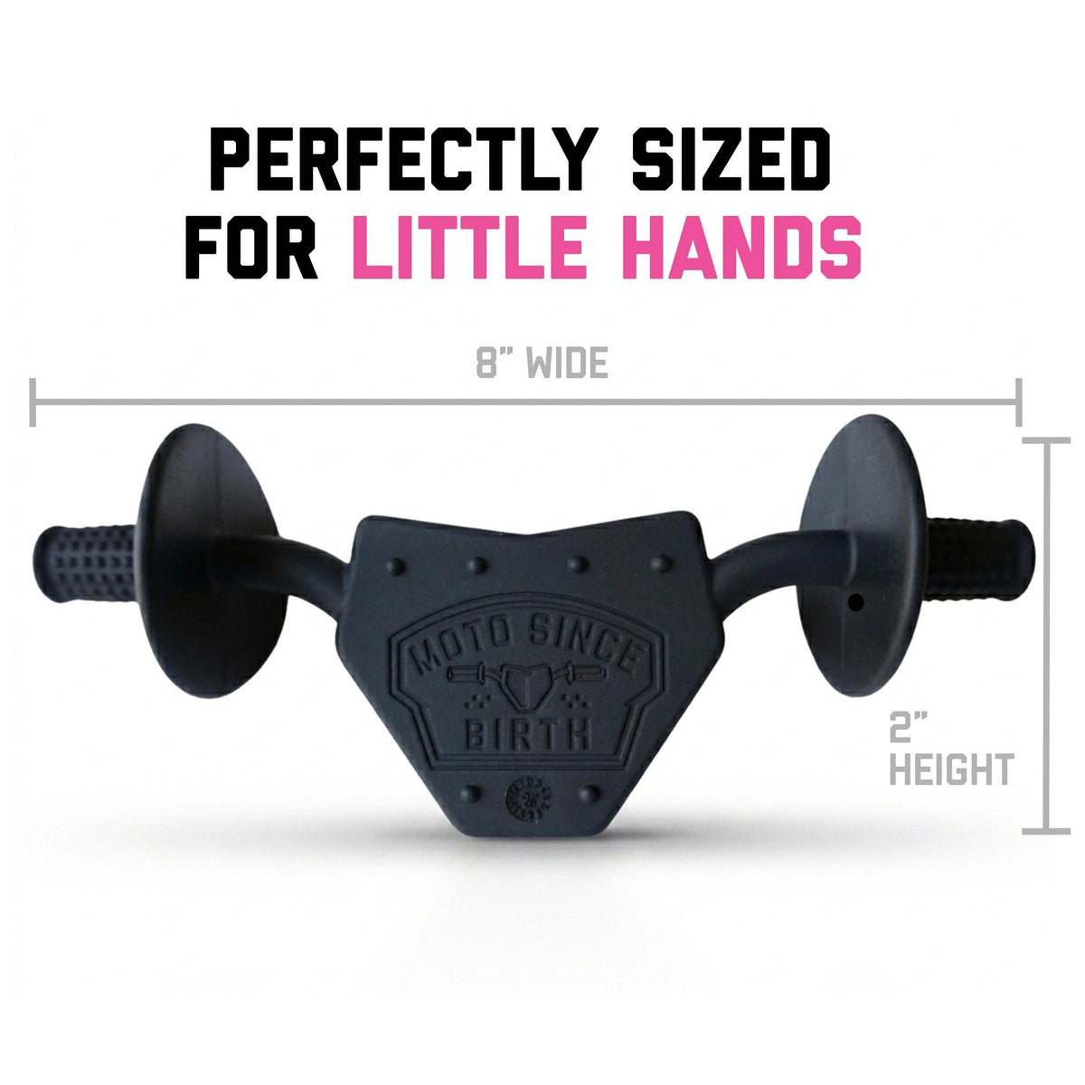 Moto Since Birth teether measurements, 8 inches wide and 2 inches tall