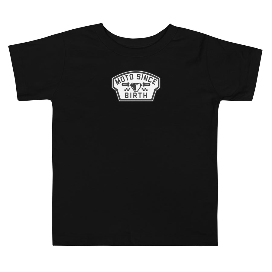 Moto Since Birth toddler motocross graphic tee in black, front