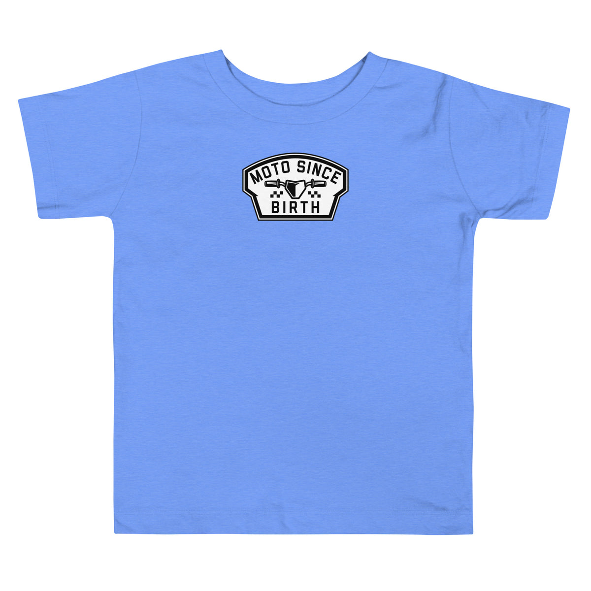 Moto Since Birth toddler motocross graphic tee in heather columbia blue, front