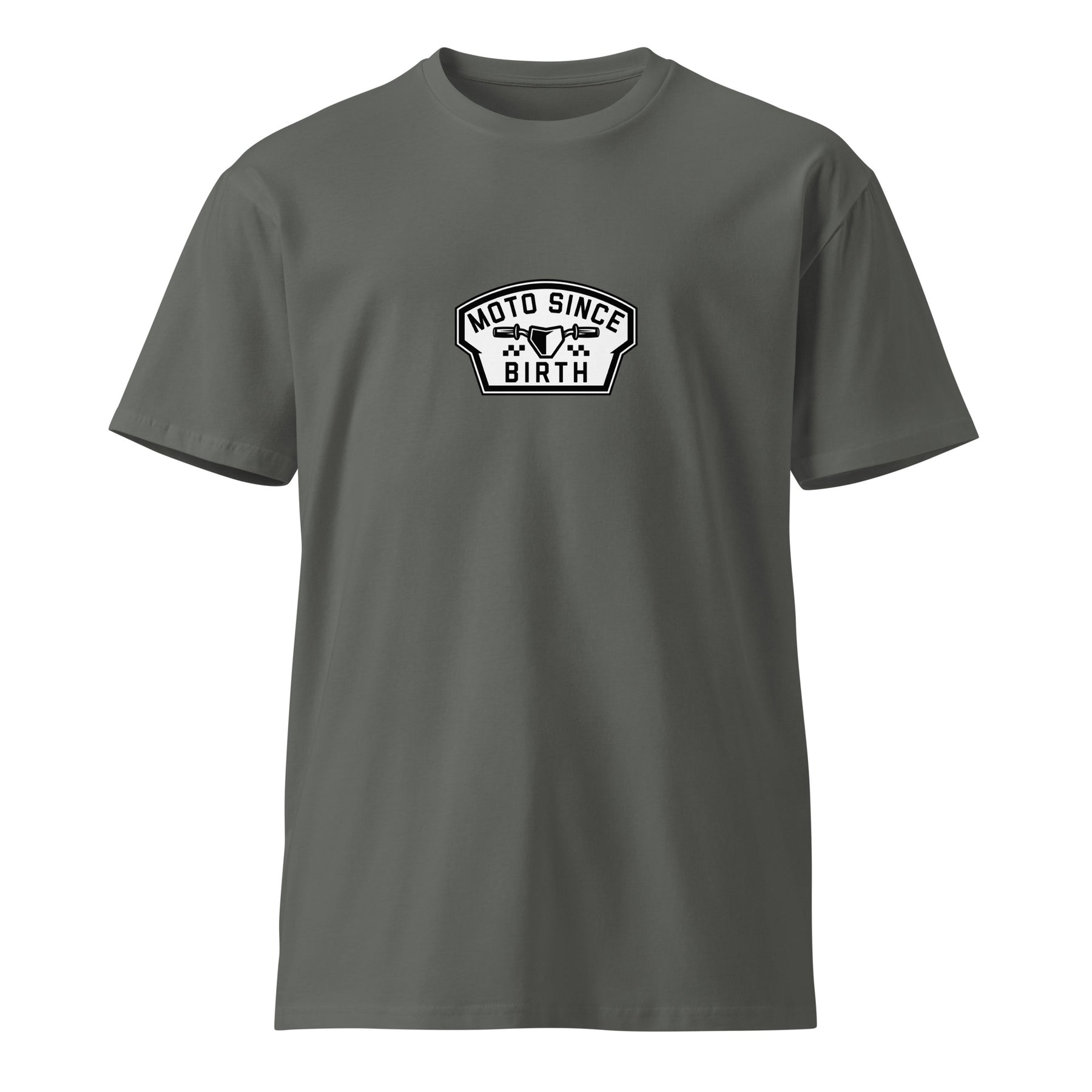 Moto Since Birth dads motocross graphic tee in charcoal, front