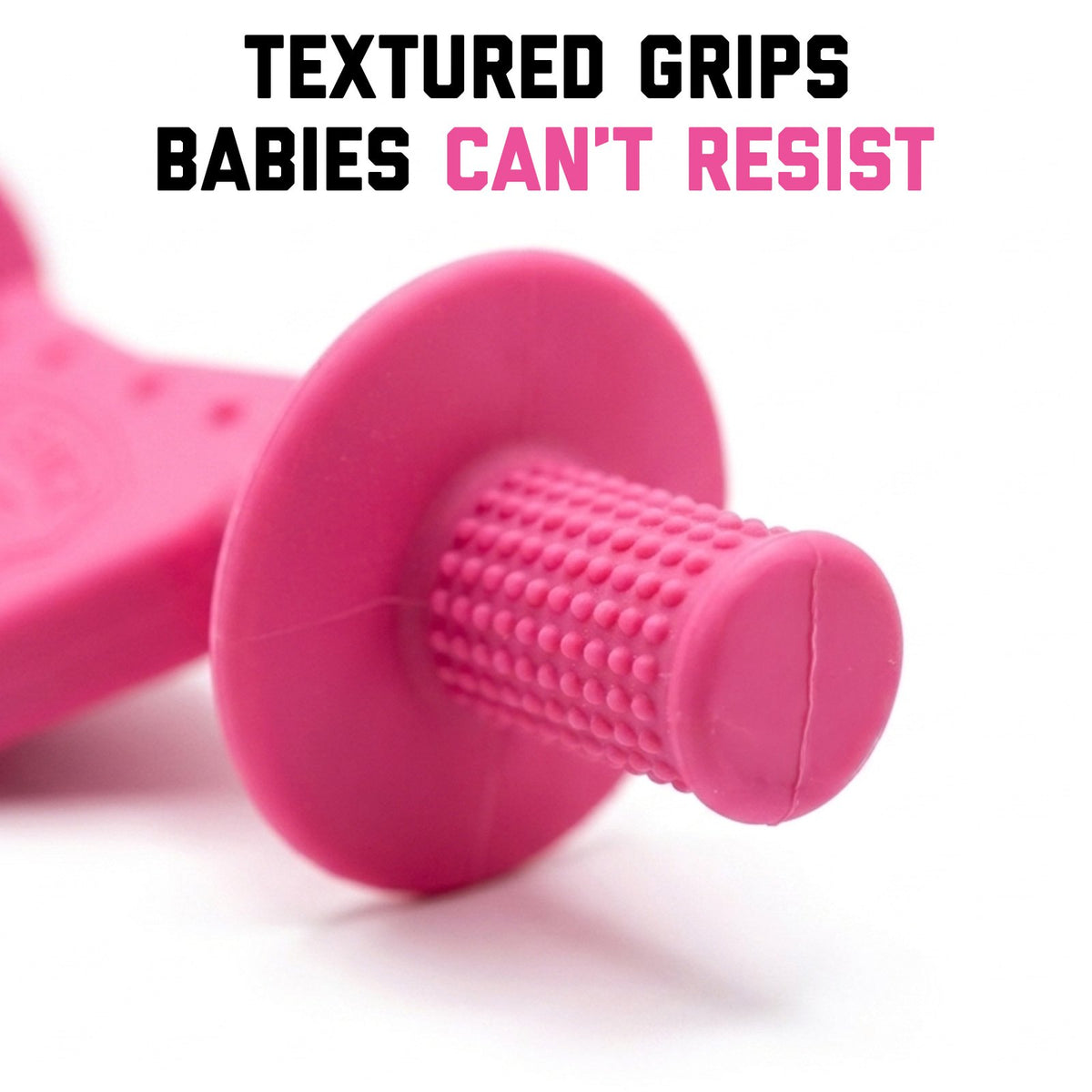 Close up of the teether's textured silicone grip