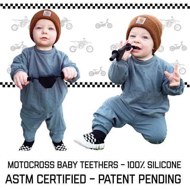 Twin babies in beanies holding Moto Since Birth teethers on a checkered background